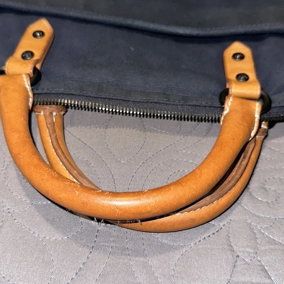 Ben Minkoff Navy Blue Waxed Canvas & Vachetta Leather Trim Laptop Bag EUC